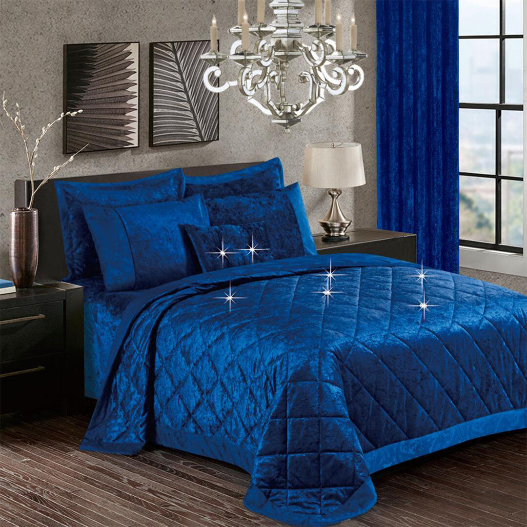 Fairmont Park Santiago Crushed Velvet Bedspread Set Premium Soft Microfiber Reverse and Standard Pillow Shams Blue 255 x 275 cm