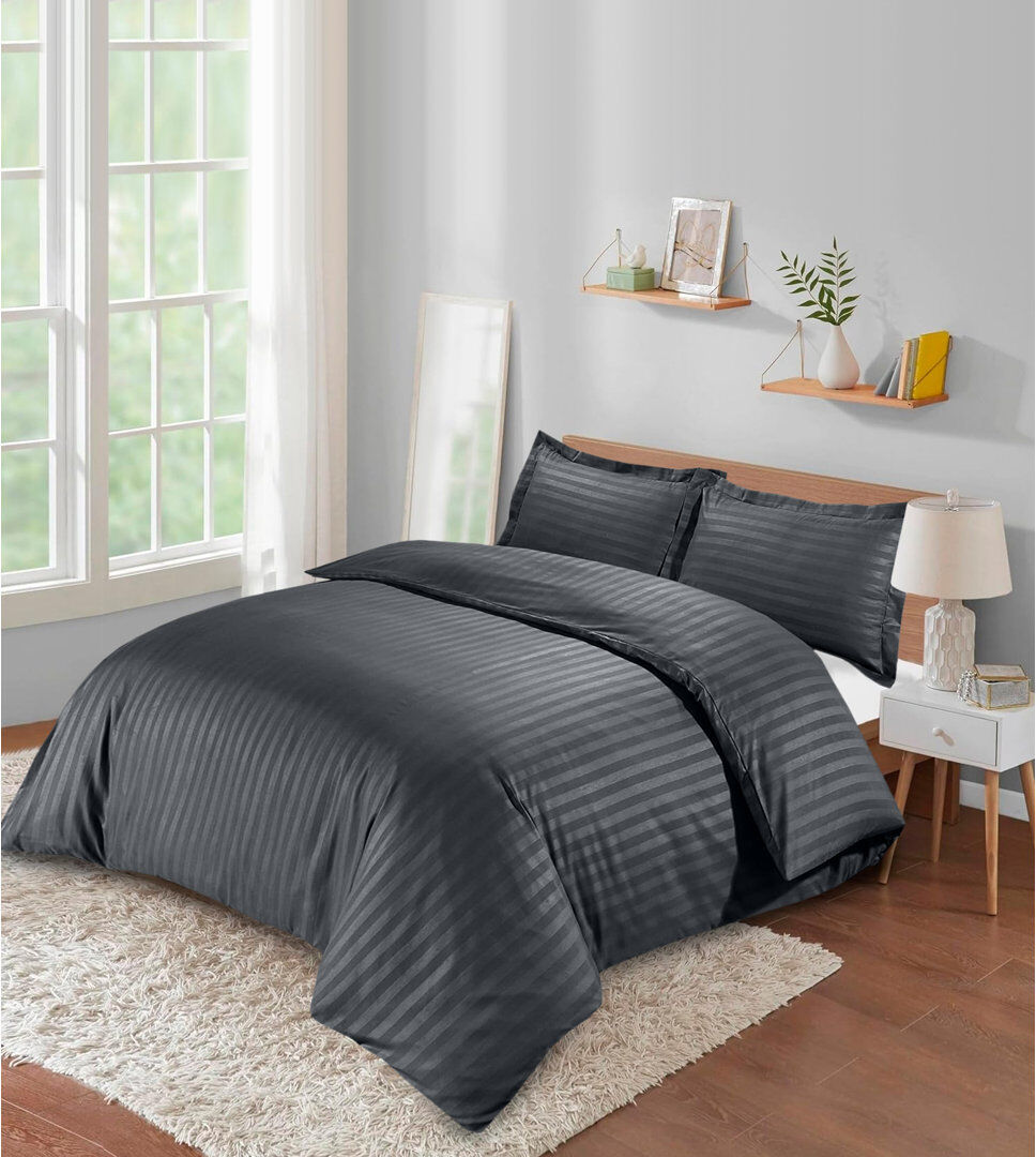 Ameha Microfiber / Polyester Striped Duvet Cover Set with Pillowcases Fitted Sheet Grey Super KIng Duvet Cover