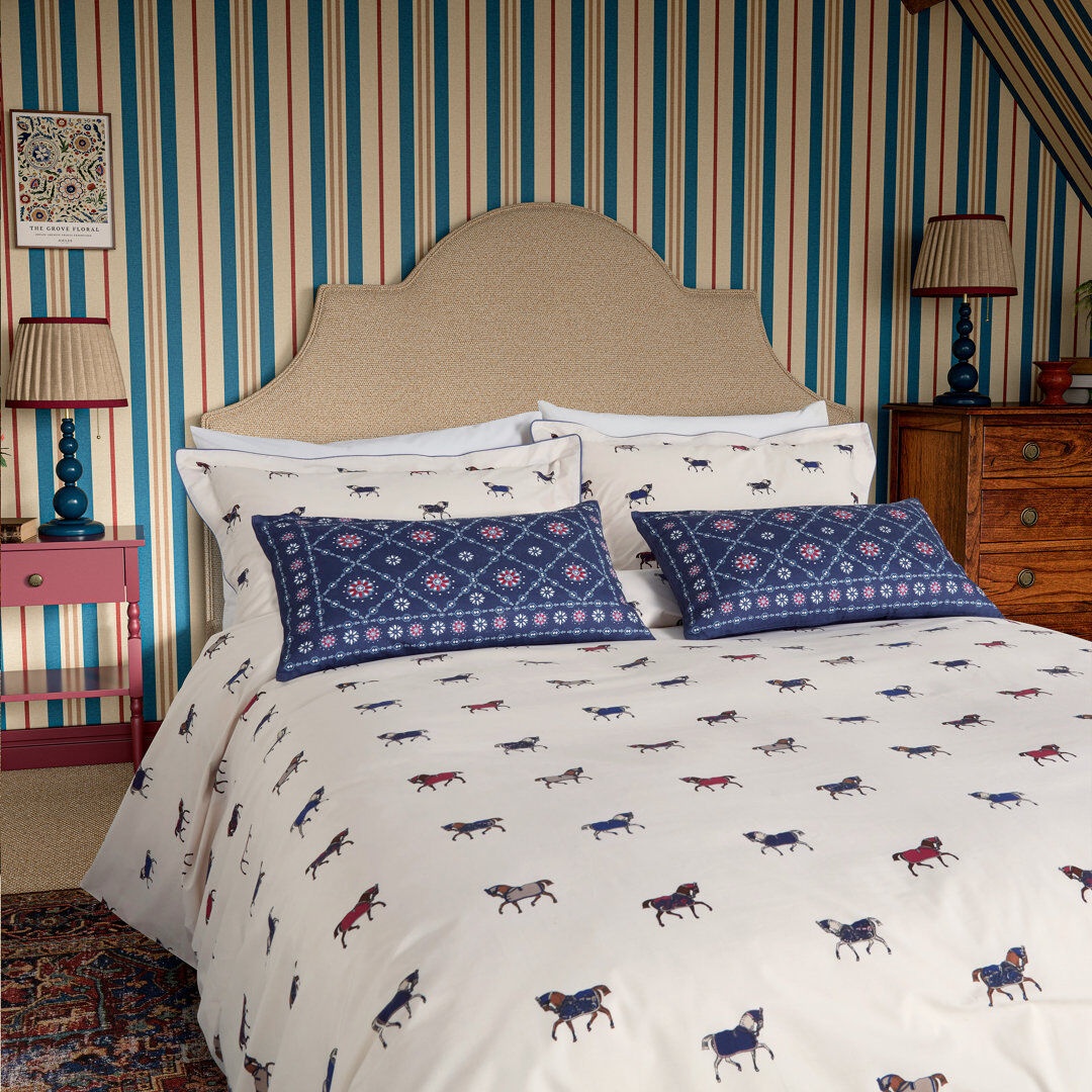 JOULES Dressage Horses Cotton Duvet Cover Set Beige;Cream King Size Duvet Cover + 2 Pillowcases