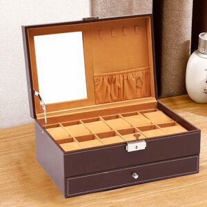 BESTBUY Double-Layer Wooden Multi-Function Jewelry Box Watch Box With Mirror And Lock brown 12.8 H x 32.0 W x 24.0 D cm