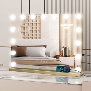 17 Stories Makeup Mirror with 3 Color Lights, 58×45cm Large Lighted Vanity Mirror with 15 Dimmable LED Bulbs Gold 116.84cm H X 147.32cm W X 30.48cm D