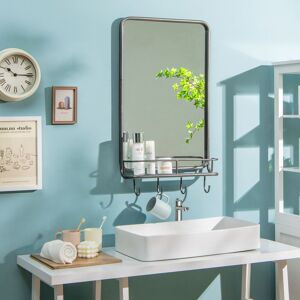 Ebern Designs Rectangle Vanity Mirror Wall-Mounted Bathroom Mirror W/ Shelf & 4 Hooks Black 84cm H X 48cm W X 15cm D