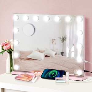 17 Stories Makeup Mirror with 3 Color Lights, 58×45cm Large Lighted Vanity Mirror with 15 Dimmable LED Bulbs Pink 45cm H X 58cm W X 12cm D 17 Stories Makeup Mirror with 3 Color Lights, 58×45cm Large Lighted Vanity Mirror with 15 Dimmable LED Bulbs Pink 45cm H X 58cm W X 12cm D