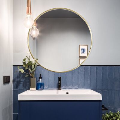 Willa Arlo Interiors Baum Nordic Round Bathroom Framed Mirror Wall Hanging Gold 85cm H x 85cm W x 2cm D Willa Arlo Interiors Baum Nordic Round Bathroom Framed Mirror Wall Hanging Gold 85cm H x 85cm W x 2cm D