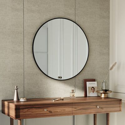 Willa Arlo Interiors Baum Nordic Round Bathroom Framed Mirror Wall Hanging Black 90cm H x 90cm W x 2.8cm D Willa Arlo Interiors Baum Nordic Round Bathroom Framed Mirror Wall Hanging Black 90cm H x 90cm W x 2.8cm D