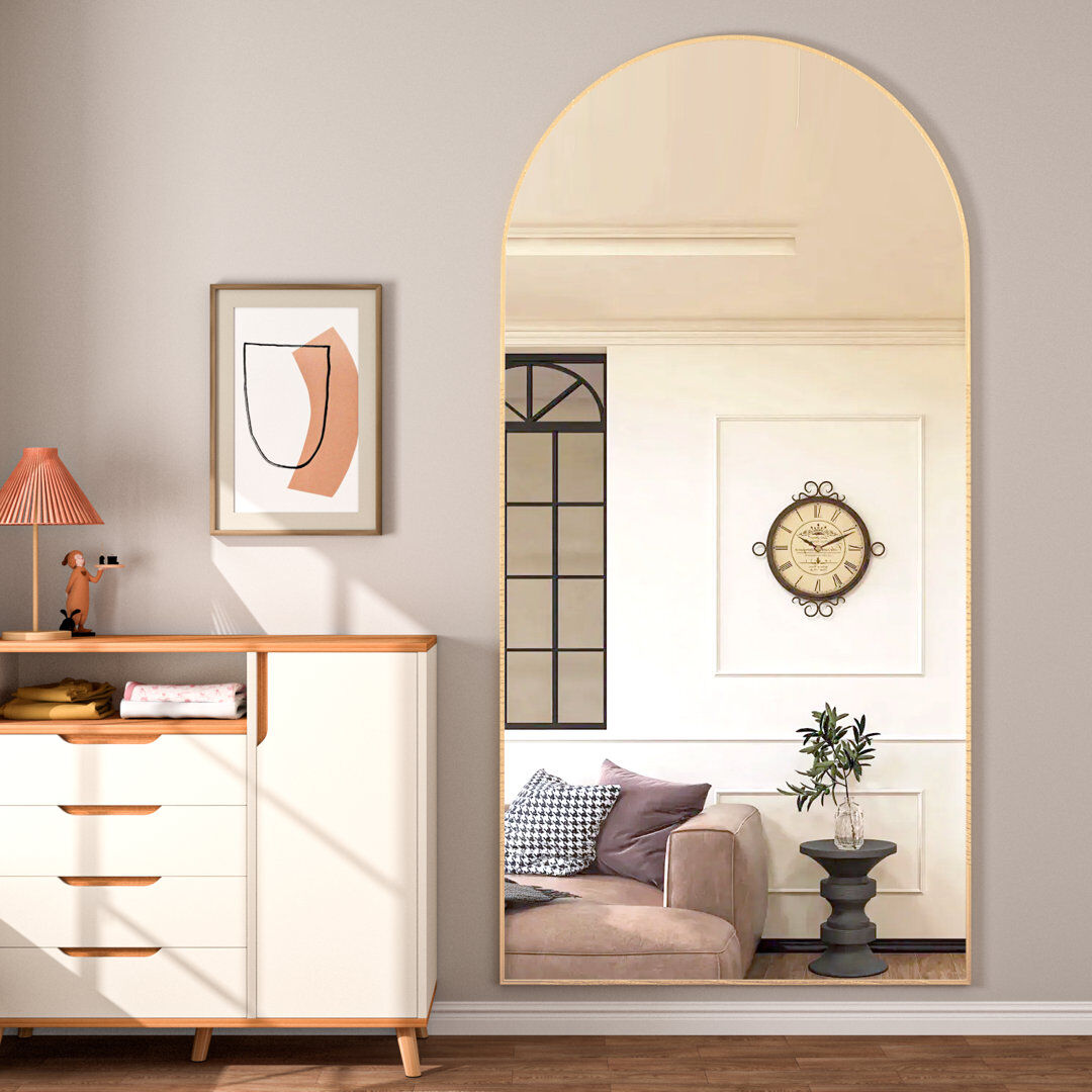 Latitude Run 193 x 86cm Arched Full Length Mirror with Aluminum Alloy Frame on Stand Gold 198cm H x 96cm W