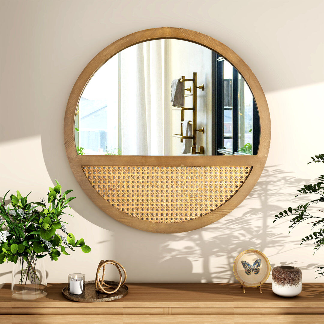 17 Stories Alpers Round Wood Flat Accent Wall Mirror Natural Wood 60cm H X 2cm W X 60cm D