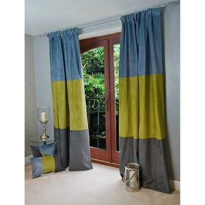 Ebern Designs Patchwork Velvet Curtains 2 Panels Blue, Gold & Grey Luxury Soft Made To Order Curtains & Drapes gray/green/blue/yellow 182.0 H cm