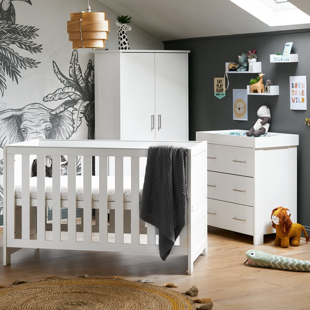 Obaby Nika Cot Bed 3-Piece Nursery Furniture Set White Wash 70 x 140 cm