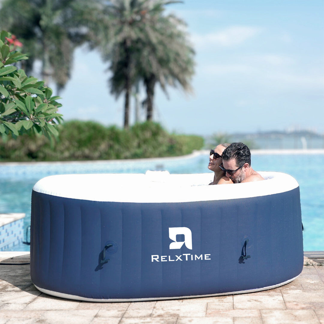 RELXTIME 2-Person Oval Portable Massage Hot Tub, Integrated Non-Installation Inflatable Hot Tub With Drink Tray, Outdoor Inflatable Spa, 2 Filter Elem Blue 65.3cm H X 190.5cm W X 119.4cm D