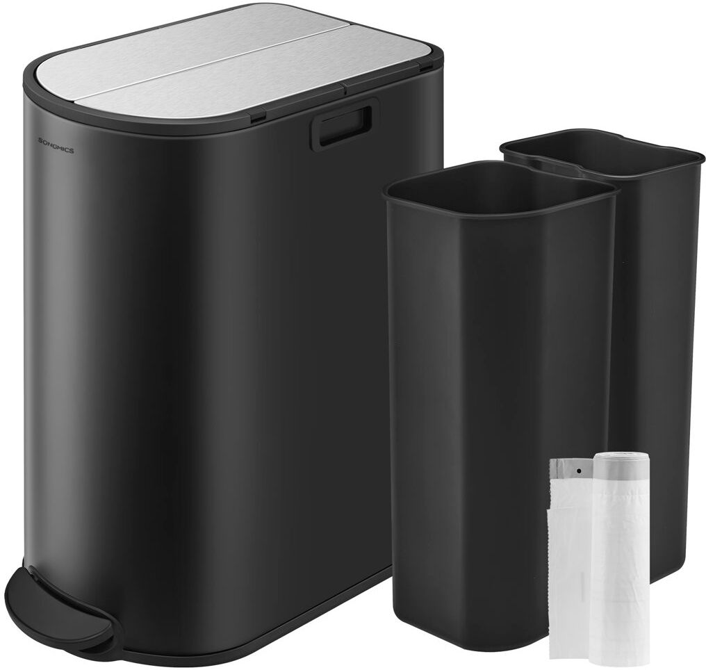 Ivy Bronx Cresong Dual Compartment Slim Bin for Recycling and Waste, Pedal Bin with Wing Lids 30 Litre Step on Trash Can Ink Black/Metallic Silver 30L