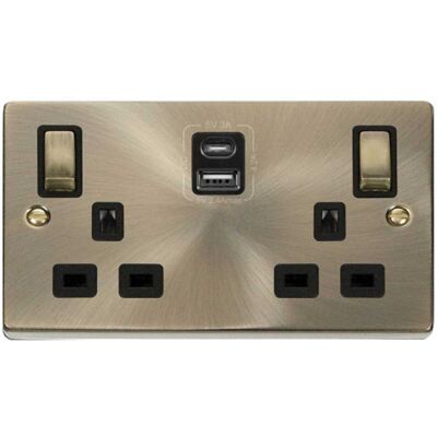 Symple Stuff Antique Brass 2 Gang 13A DP Ingot Type A & C USB Twin Double Switched Plug Socket Brushed Symple Stuff Antique Brass 2 Gang 13A DP Ingot Type A & C USB Twin Double Switched Plug Socket Brushed