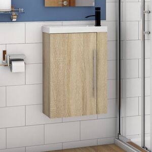 17 Stories Cloakroom Vanity Unit with Basin Grey 1 Soft Close Door 2 Shelves Wall Mounted Small Storage Cabinet Oak 600mm H X 440mm W X 230mm D