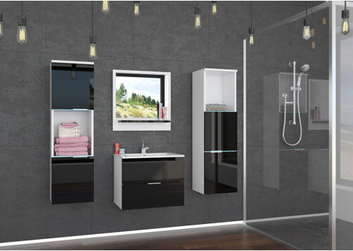 17 Stories Angeljesus 4 Piece 52mm Bathroom Furniture Suite with Mirror and Basin Waste 17 Stories Furniture Finish: Black Shine/White  - Size: 94cm H X 120cm W X 45cm D 17 Stories Angeljesus 4 Piece 52mm Bathroom Furniture Suite with Mirror and Basin Waste 17 Stories Furniture Finish: Black Shine/White  - Size: 94cm H X 120cm W X 45cm D