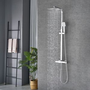 Belfry Bathroom Black Thermostatic Shower Mixer Set Square Shower Kit 10 Inch Stainless Steel Overhead Shower Brass 38°C Thermostatic Valve Chrome 120cm H X 25cm W X 100cm L