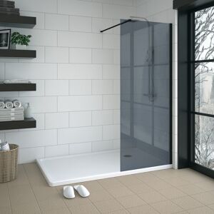 NRG 1950mm H Semi-Frameless Wet Room Walk In Shower Screens Grey Glass Black 80.5cm W