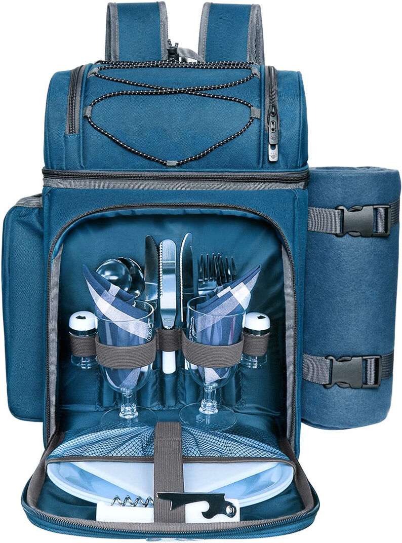 Fleur De Lis Living Picnic Basket Backpack For 2 Person With 2 Insulated Cooler Compartment, Wine Holder, Fleece Blanket, Cutlery Set,Perfect For Beach, Hiking, Camping, Blue