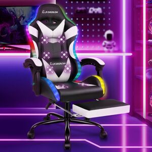 ELFORDSON Adjustable Reclining Swiveling PC & Racing Game Chair with Footrest White 130cm H X 62cm W X 48cm D