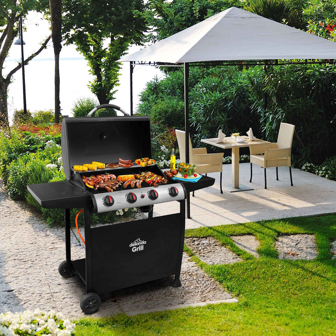 Dellonda 4 Burner Gas BBQ Grill Piezo Ignition, Built-In Thermometer And Cover, Black/Stainless Steel Black;Black 4