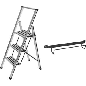 WENKO Aluminium design folding stepladder 3 steps Including ladder holder, Non-slip household ladder, Safety stepladder gray 127.0 H x 44.0 W x 5.5 D cm
