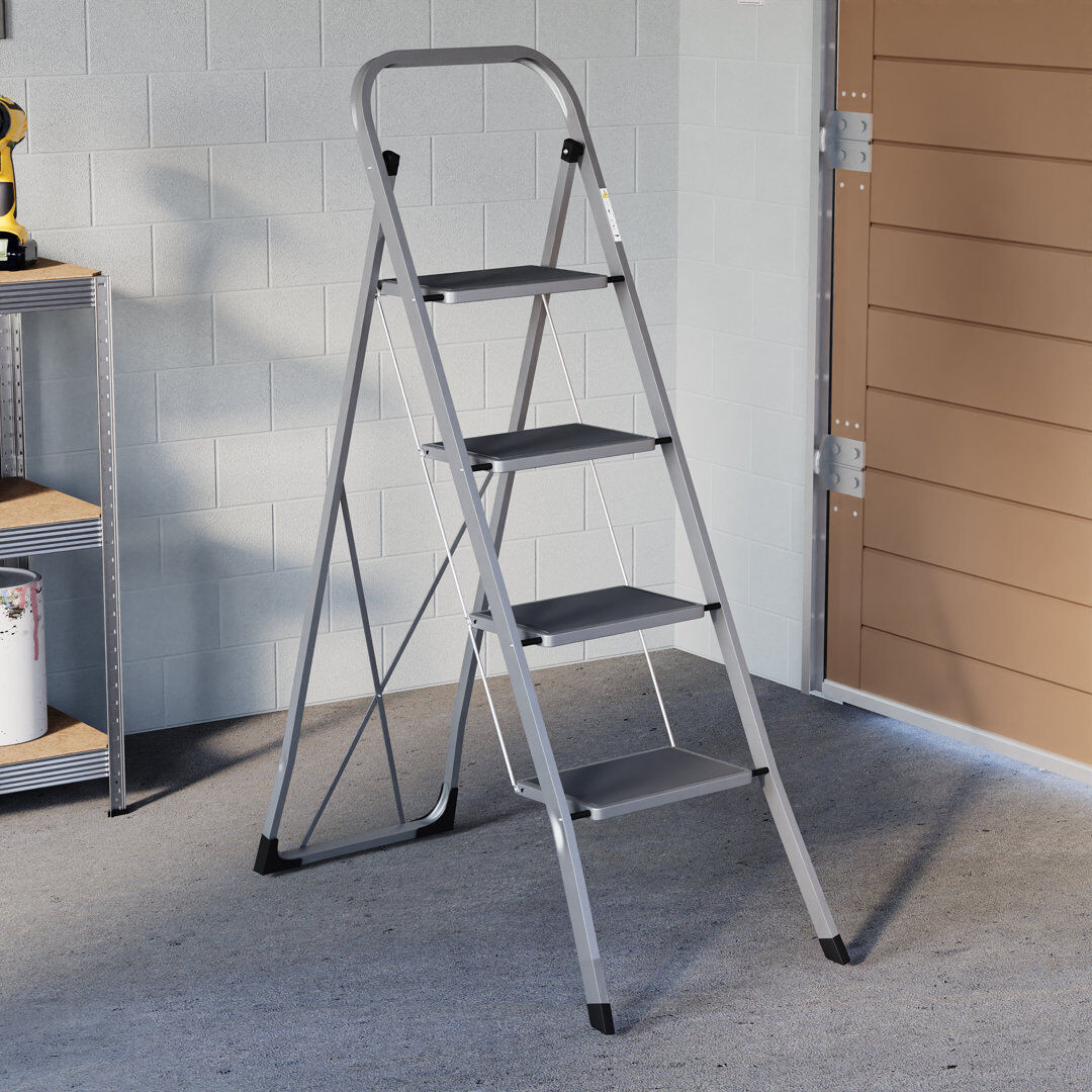 Symple Stuff 4-Step Steel Portable Folding Heavy Duty Ladder Non Slip Matt Grey 127cm H