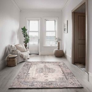 Borough Wharf Lorenz Vintage Persian Medallion White & Beige Modern Area Rug Soft Polyester Pile with Cotton Blend Backing Style Carpet Beige;White Rectangle 120 x 170 cm