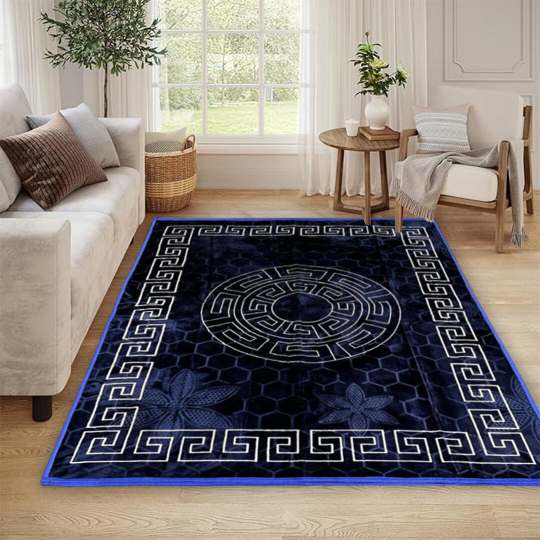 Marlow Home Co. Vibe Large Area Rug Greek Design Carpet With PVC Backing Non-Slip Rug For Living Room, Hallway, Bedroom & Indoor/Outdoor Spaces Navy Rectangle 160 x 230 cm