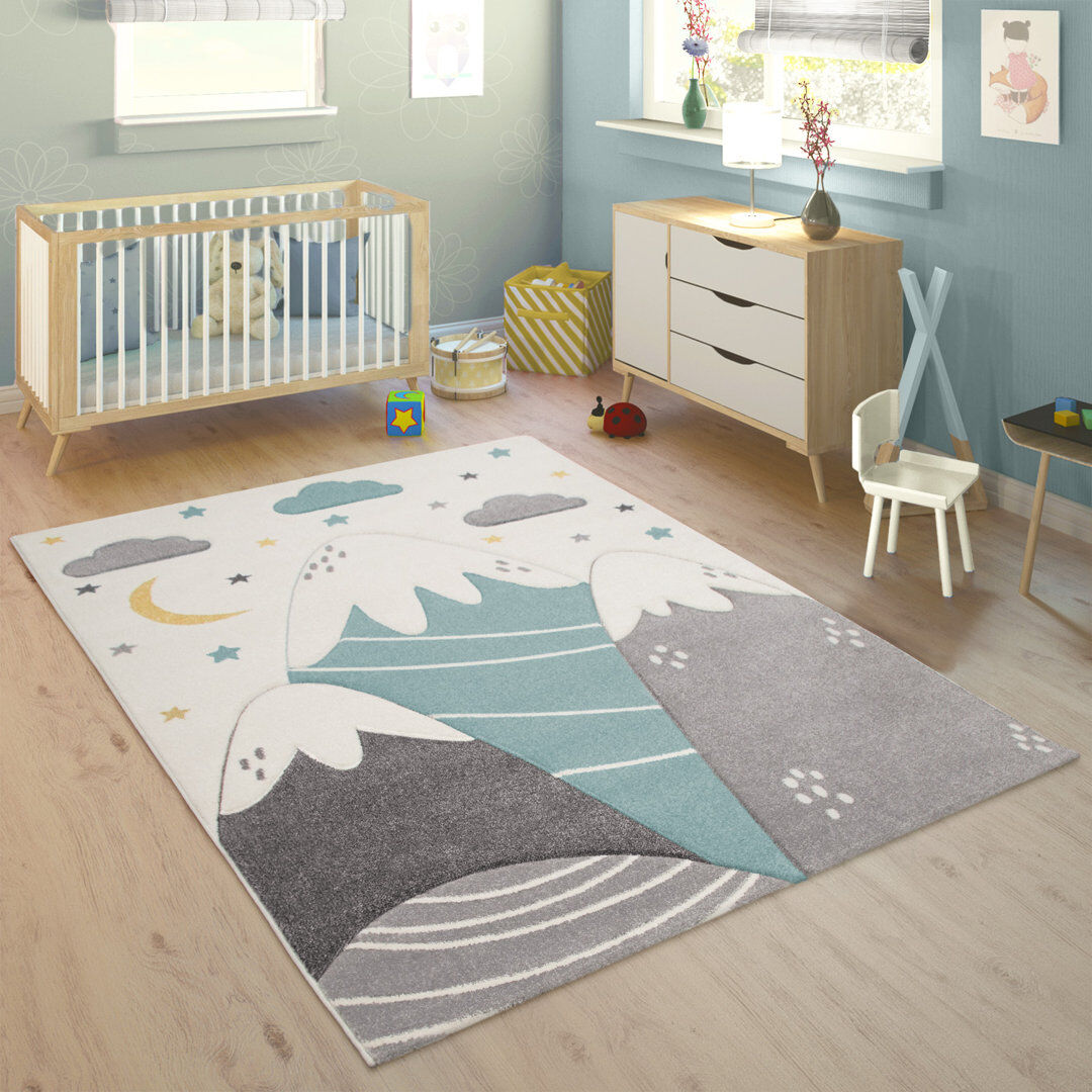 Isabelle & Max Kobbe Kids Nursery Mountain Moon Stars Hardwearing Power Loom Cream/Blue/Black Rug Blue;Black;Cream Rectangle 80 x 150cm