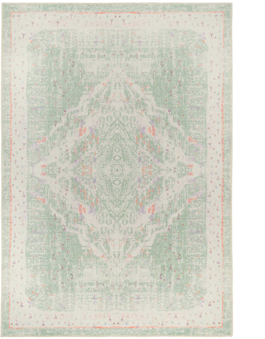 Kukoon Machine Washable Pastel Green Traditional Medallion Distressed Living Room Area Rug Green Rectangle 200 x 290cm