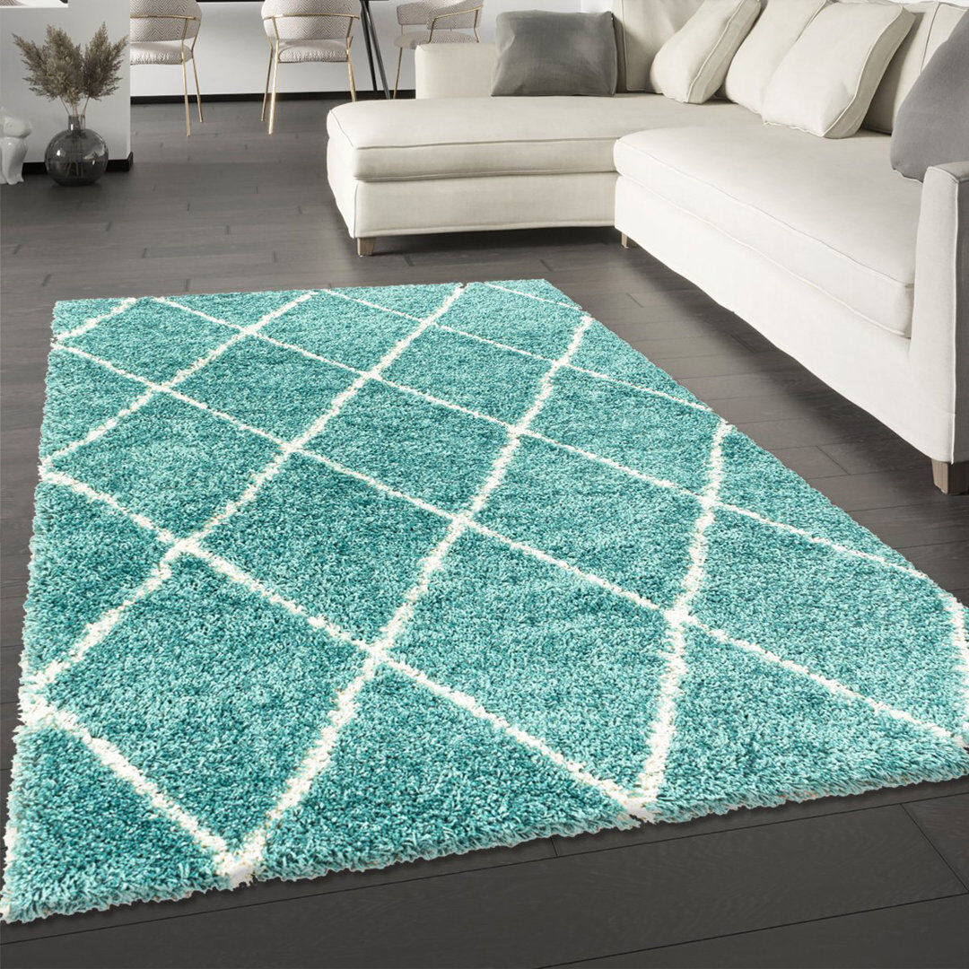 Ebern Designs Blue Rug Teal Fluffy Shaggy Carpet Soft Thick Large Small Dimaond Carpet For Living Room Bedroom Teal Rectangle 120 x 170cm