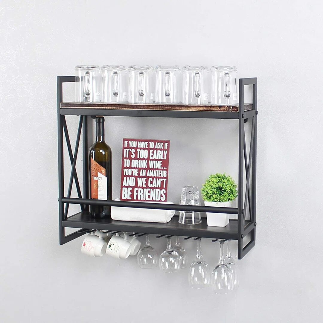 August Grove Rustic Wall Mounted Wine Racks With 6 Stem Glass Holder,24In Industrial Metal Hanging Wine Rack,2-Tiers Wood Shelf Floating Shelves,Home Room Living R black 21.2 H x 60.0 W x 7.87 D cm