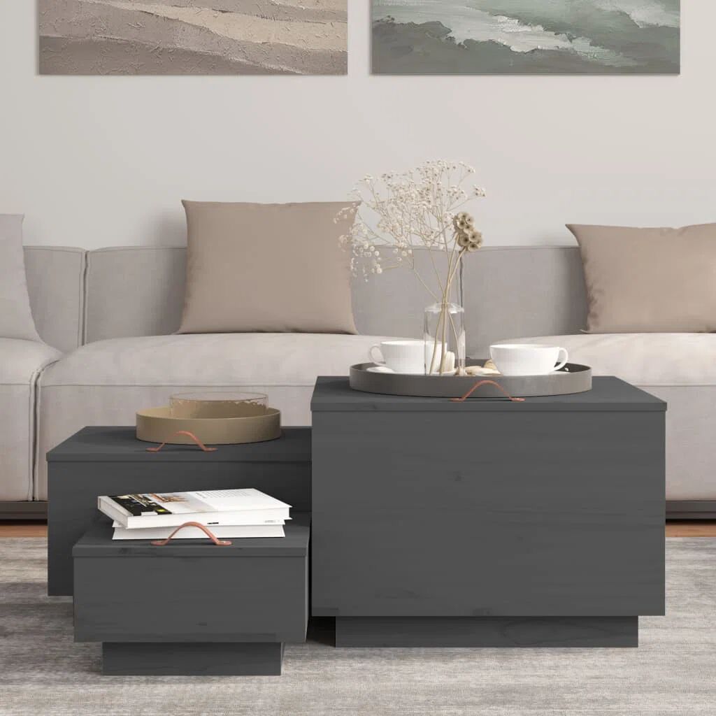 Ebern Designs Storage Boxes With Lids 3 Pcs Black Solid Wood Pine gray 40.0 H x 57.0 W x 55.0 D cm