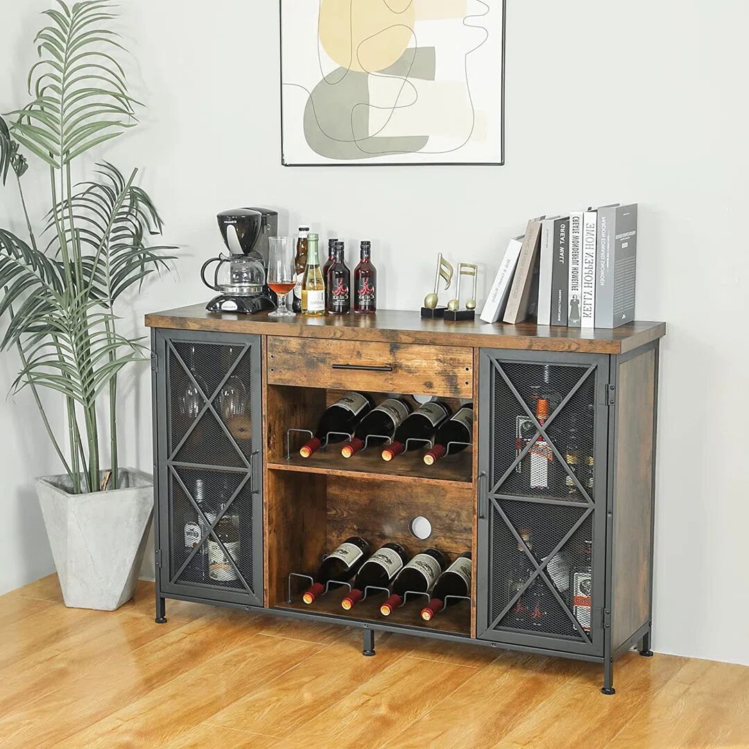 Rio Wine Bar Cabinet With Wine Rack And Glass Holder, Farmhouse Coffee Bar Cabinet For Liquor And Glasses, Industrial Sideboard Buffet Cabinet With Drawer brown 30.7 H x 47.2 W x 13.8 D cm