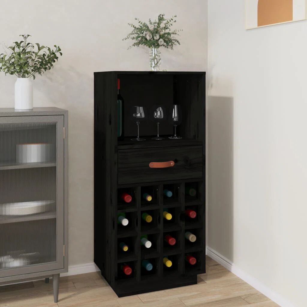 Brayden Studio Tyneside 16 Bottle Solid Wood Floor Wine Bottle & Glass Rack black 100.0 H x 45.0 W x 34.0 D cm