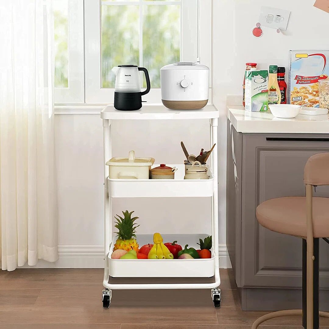 Rebrilliant Storage Trolley On Wheels, 3 Tier Rolling Utility Cart With Worktop And Storage Heavy Duty Metal Trolley White white 75.0 H x 43.0 W x 32.0 D cm