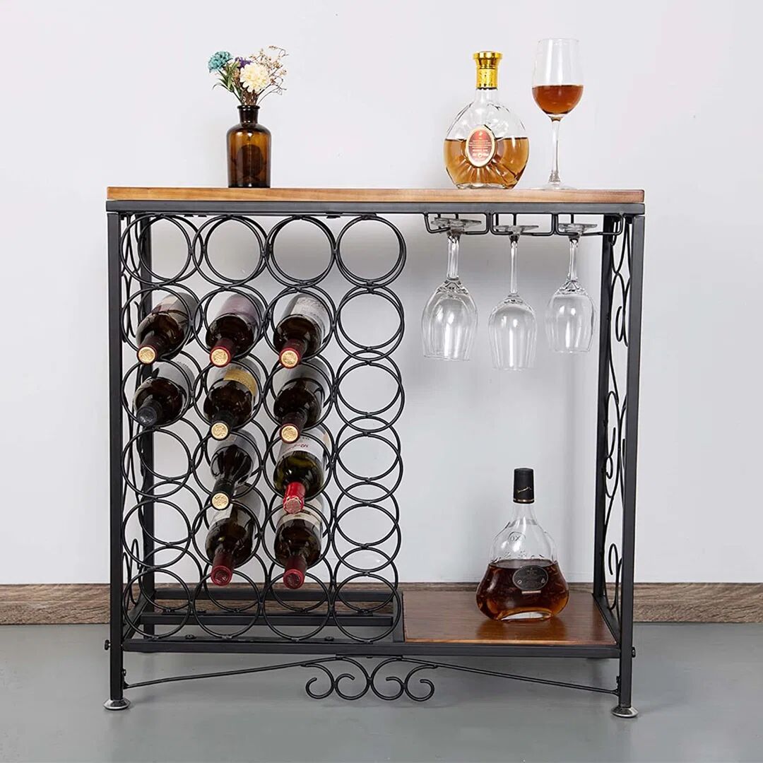 Rio 24-Bottle Wine Rack Freestanding Floor Vintage Wine Storage Rack Industrial Wine Storage Organizer Display Rack Modern Wine Glass Holder Wine Bar Cabi black/brown 76.2 H x 17.48 W x 76.96 D cm