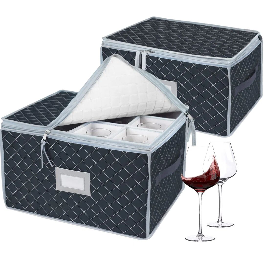 Rebrilliant Wine Glass Storage Box,Stemware Protector Carrier,Portable Fabric Case Container With 12 Dividers For Crystal Glassware Moving,Kitchen,Camping,Party,T 25.0 H x 38.5 W x 32.0 D cm