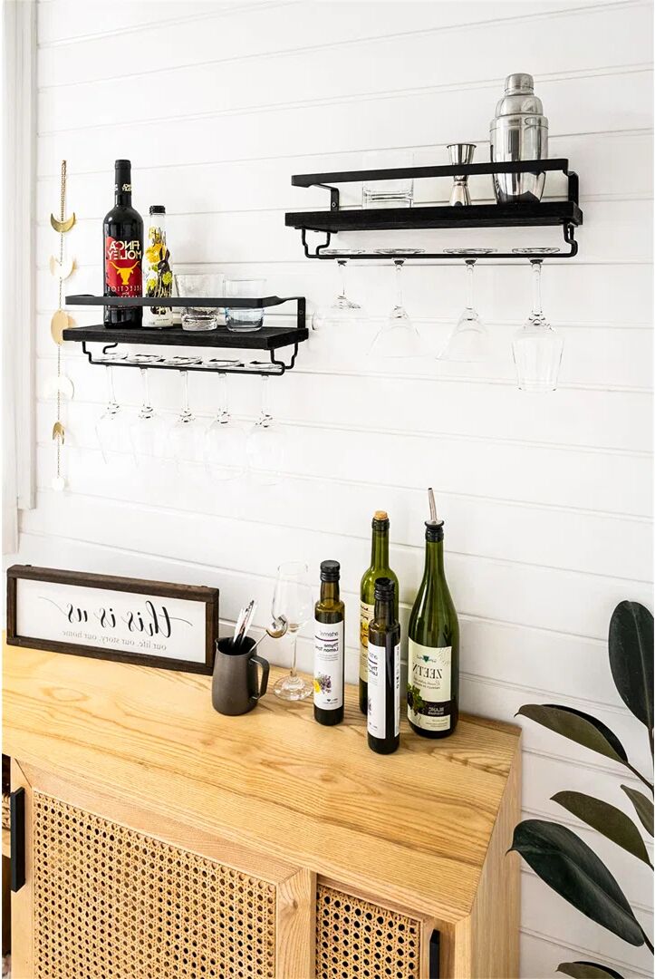 Latitude Run Wall Mounted Wine Rack Set Of 2 Wood Shelf Rustic Bottle Glass Floating Shelves Stemware Hanger Modern Plants Photos Display Storage Holder Kitchen Di black 12.9 H x 42.75 W x 15.93 D cm