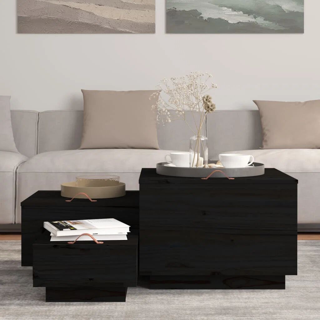 Ebern Designs Storage Boxes With Lids 3 Pcs Black Solid Wood Pine black 40.0 H x 57.0 W x 55.0 D cm