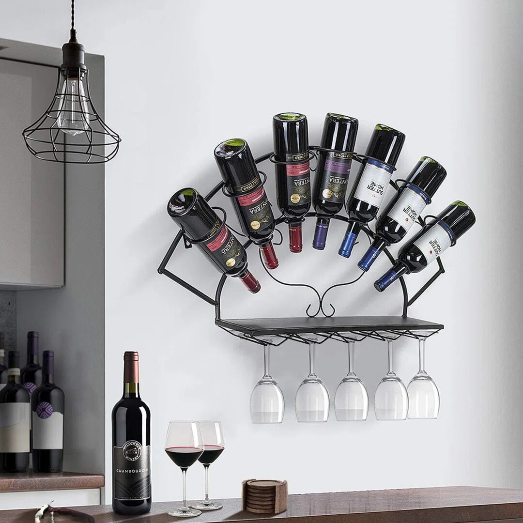 Rosalind Wheeler Wine Bottle Stemware Glass Rack Wall Mounted - Bordeaux Chateau Style - Holds 7 Bottles Of Your Favorite Wine - Elegant Storage For Kitchen, Dining Ro black 16.0 H x 32.8 W x 5.1 D cm