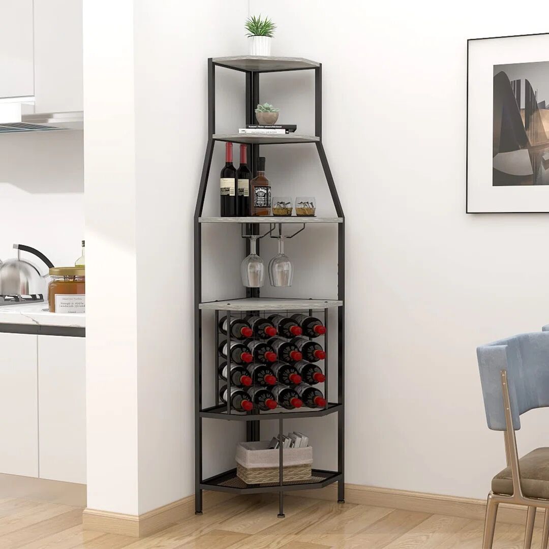 Rio 5-Tier Corner Wine Rack Freestanding Floor With Glass Holder And Bottles Wine Storage Home Bar Furniture For Home Kitchen Dining Room Industrial Metal gray 171.0 H x 36.0 W x 36.0 D cm