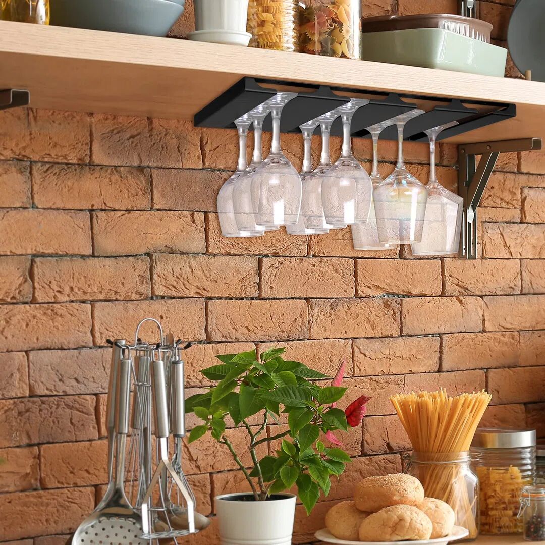 Belfry Kitchen Parlington Wine Glass Rack Under Cabinet, Hanging Stemware Rack, Stemware Storage Hanger With 4 Rows Metal Bar Shelves For Kitchen Restaurant Cabinets black 2.0 H x 42.0 W x 23.0 D cm