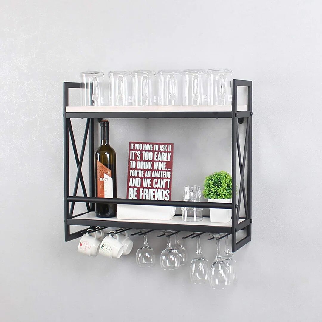 August Grove Rustic Wall Mounted Wine Racks With 6 Stem Glass Holder,24In Industrial Metal Hanging Wine Rack,2-Tiers Wood Shelf Floating Shelves,Home Room Living R white 21.2 H x 60.0 W x 7.87 D cm