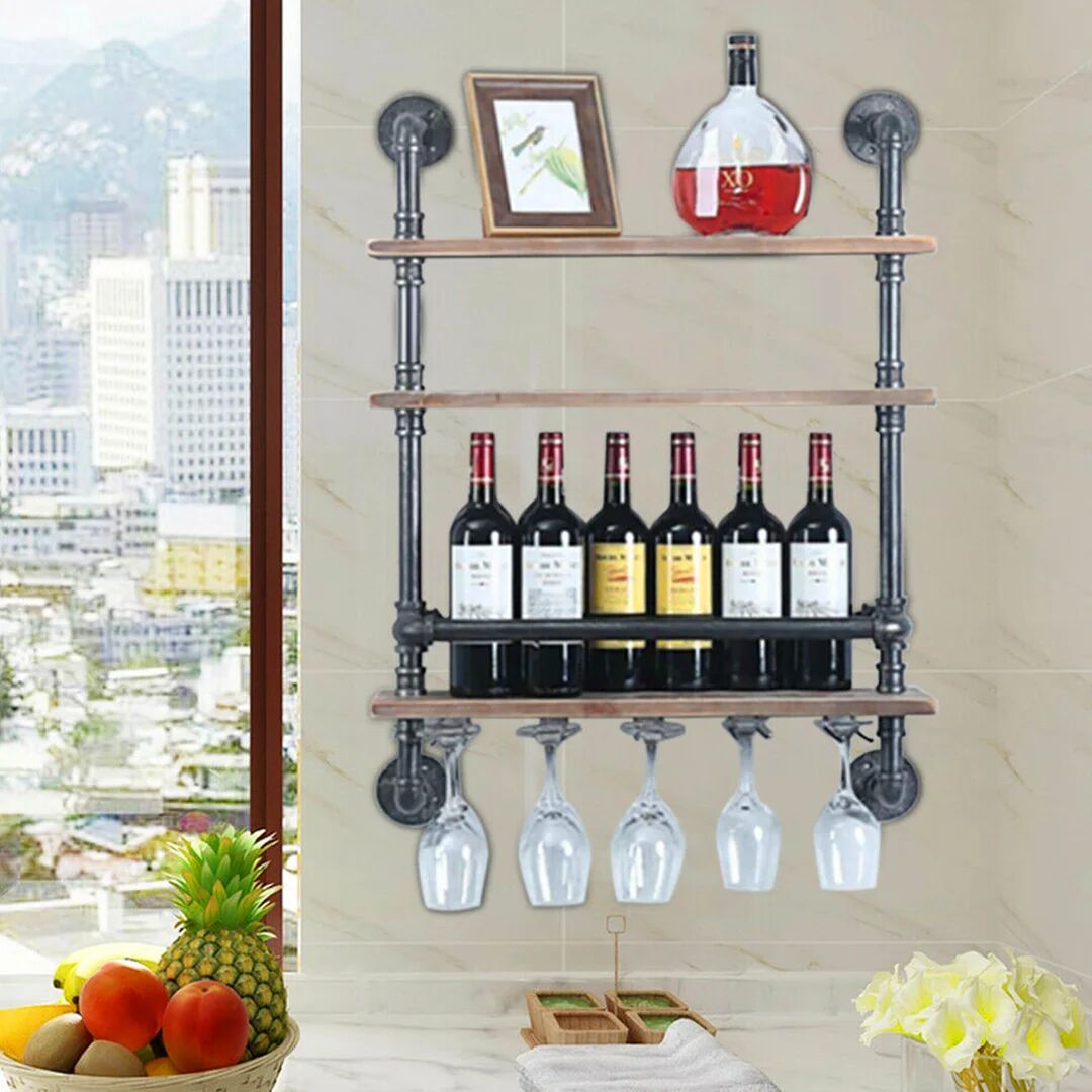 Rio Ade Wall Mounted Wine Bottle & Glass Rack in Black/Brown black/brown 92.0 H x 20.0 W x 89.0 D cm