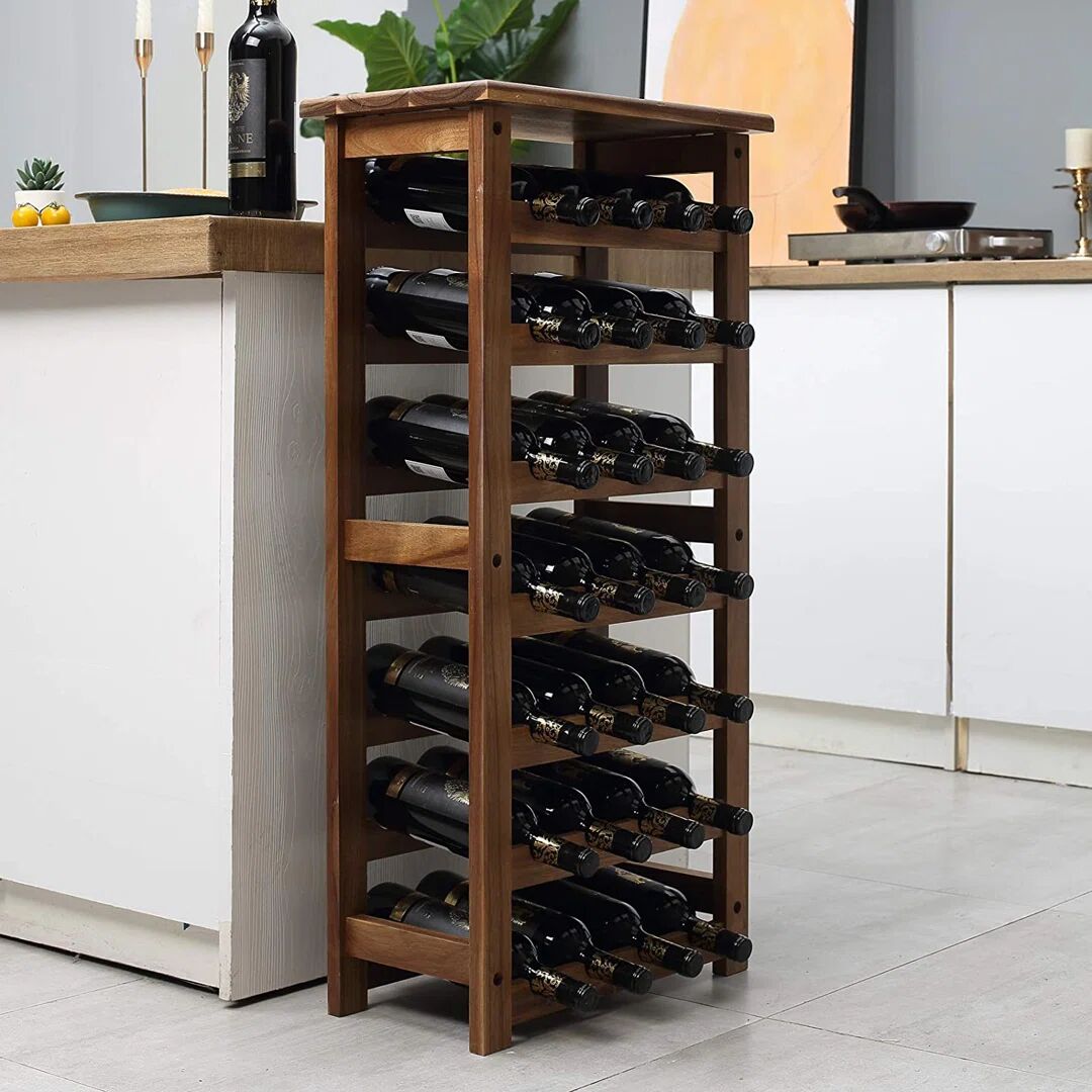 Rosalind Wheeler Wooden Wine Rack, 7 Tire Floor Wine Storage Rack, 28 Bottles Holder, Freestanding Display Rack For Kitchen, Pantry, Cellar, Natural brown 91.5 H x 43.1 W x 21.8 D cm