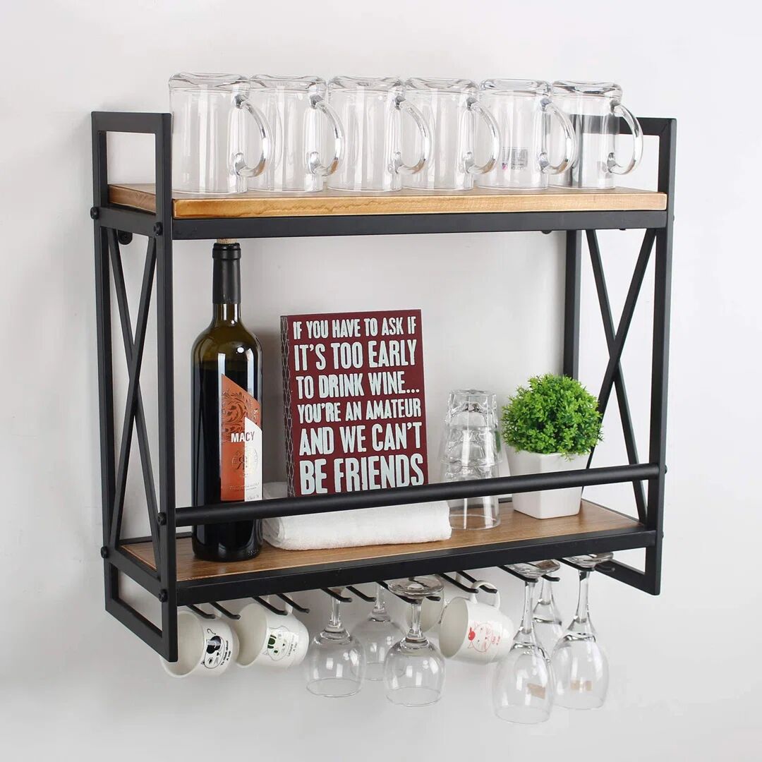 August Grove Rustic Wall Mounted Wine Racks With 6 Stem Glass Holder,24In Industrial Metal Hanging Wine Rack,2-Tiers Wood Shelf Floating Shelves,Home Room Living R brown 21.2 H x 60.0 W x 7.87 D cm