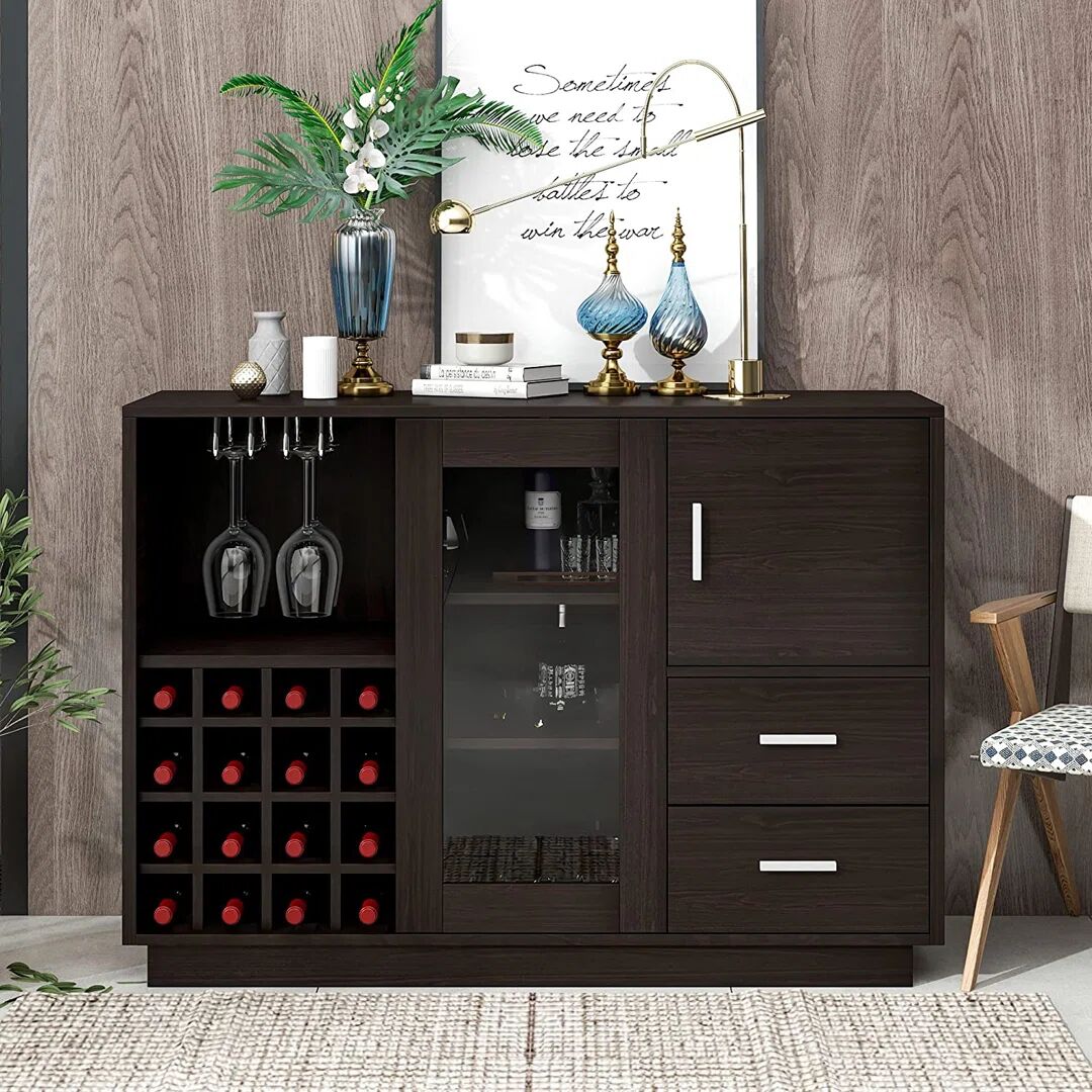 17 Stories Sideboard Buffet With Wine Rack, With Glass Door, Bar Cabinet With Integrated 16 Wine Compartment And 2 Wineglass Holders (White) brown 33.3 H x 47.0 W cm