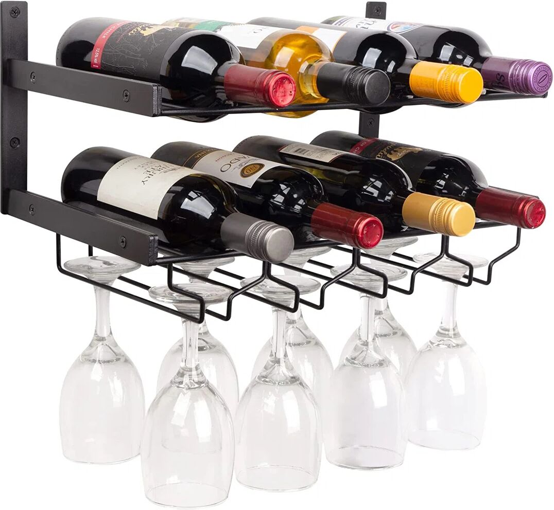 Rebrilliant Industrial Wine Rack Wall Mounted With Wine Stemware Rack By Mildenhall - Horizontal Wine Bottle Glass Holder - Holds 8 X Glasses And 8 X Wine Bottles black 17.0 H x 10.0 W x 3.0 D cm