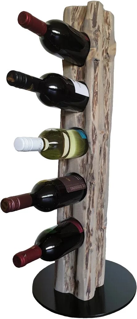 Belfry Kitchen - Rustic wine stand, wine rack, wine holder Made of solid wood; Made by hand For 5 bottles of wine; Height 78 Cm, Diameter 30 Cm; Drift gray 78.0 H x 30.0 W x 30.0 D cm