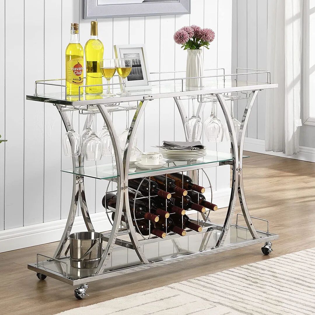 Canora Grey Bar Serving Cart With Glass Holder And Wine Rack, 3-Tier Kitchen Trolley With Tempered Glass Shelves And Gold-Finished Metal Frame, Mobile Wine Cart F gray 33.66 H x 112.0 W x 12.99 D cm